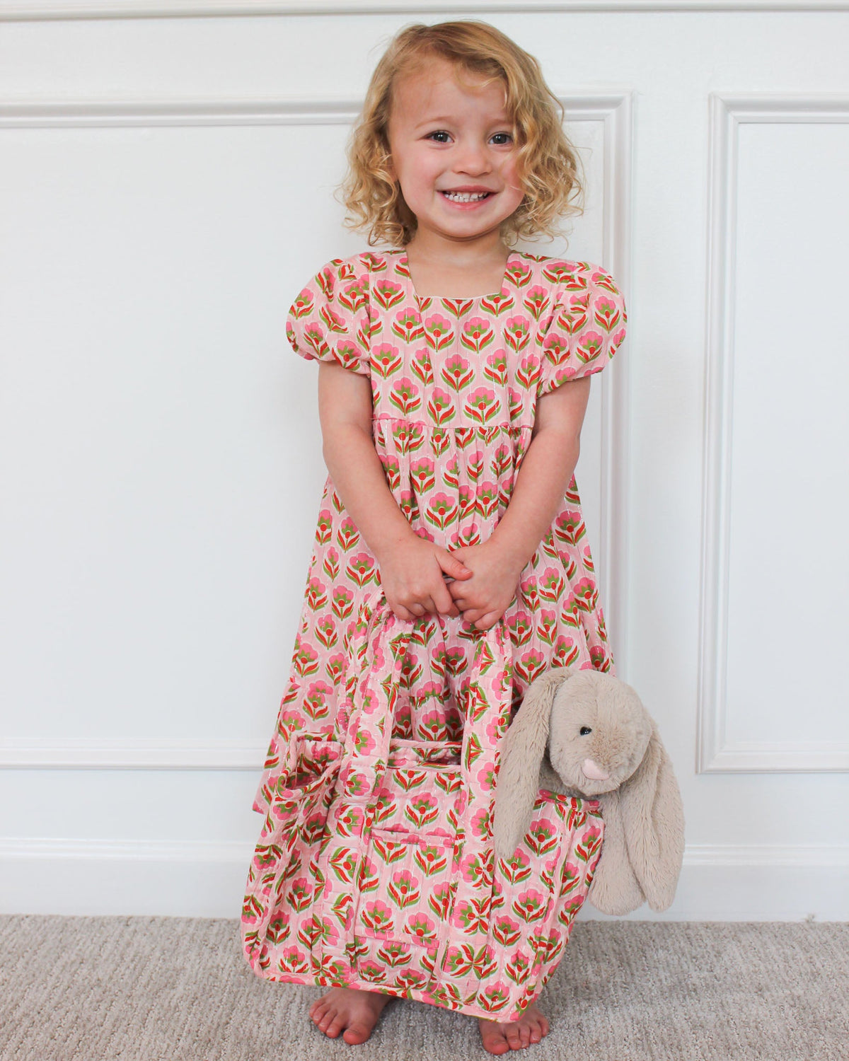 Pink Block Print Tote Bag worn with dress