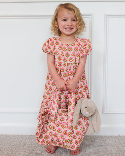 Pink Block Print Tote Bag worn with dress