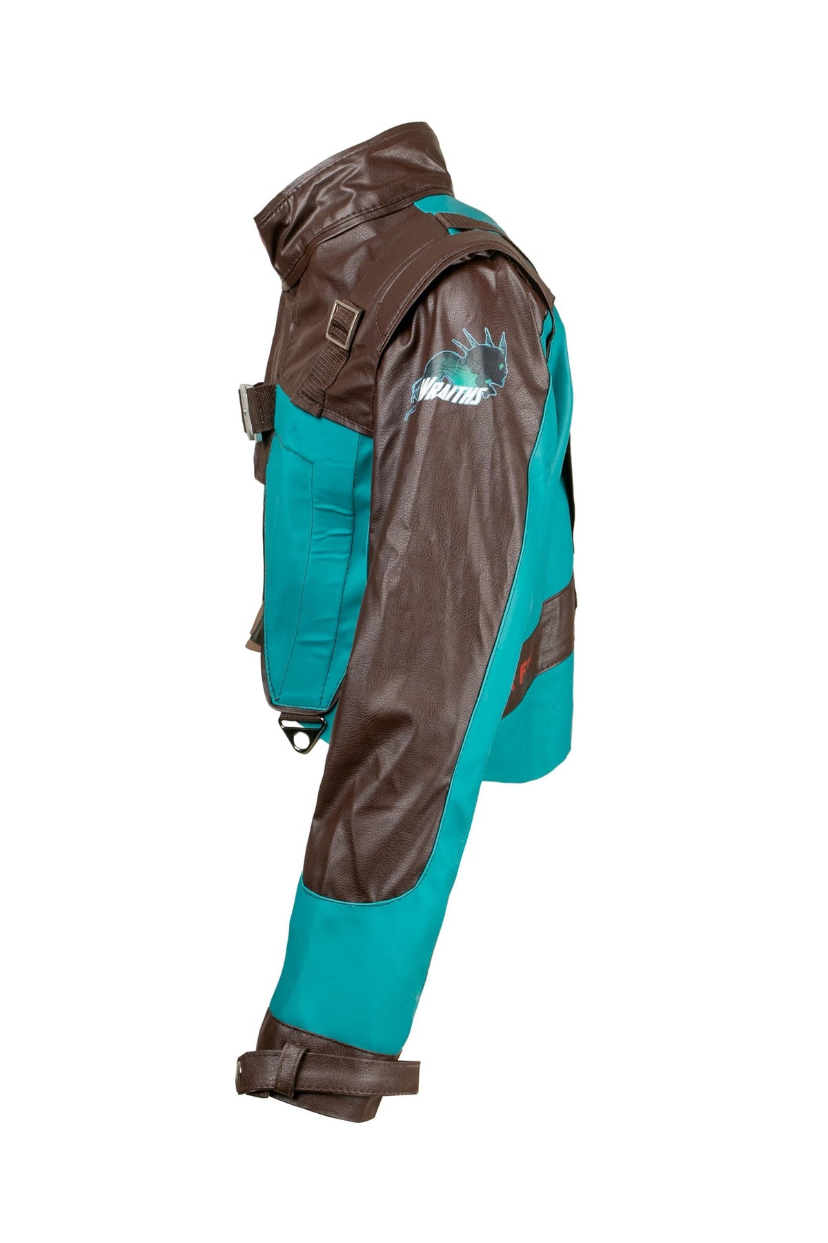 Futuristic cyberpunk bolero jacket for women in teal and brown featuring high-tech details and rugged textures.