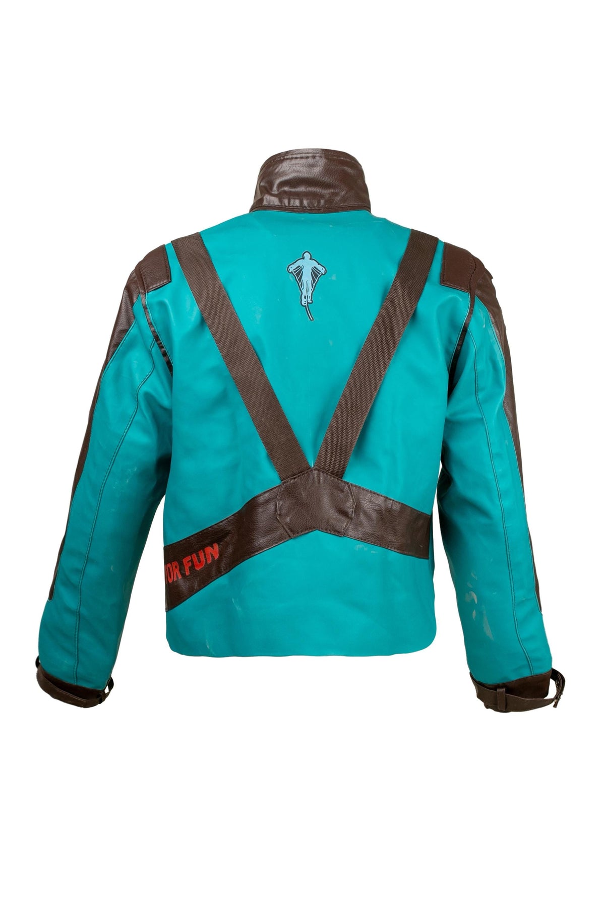 Stylish back view of a turquoise and brown cyberpunk bolero jacket for women with unique design elements.