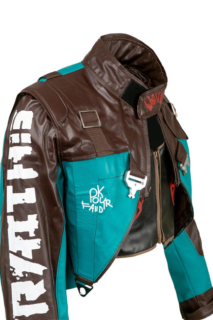 Futuristic cyberpunk bolero jacket for women featuring asymmetrical cuts and high-tech details.