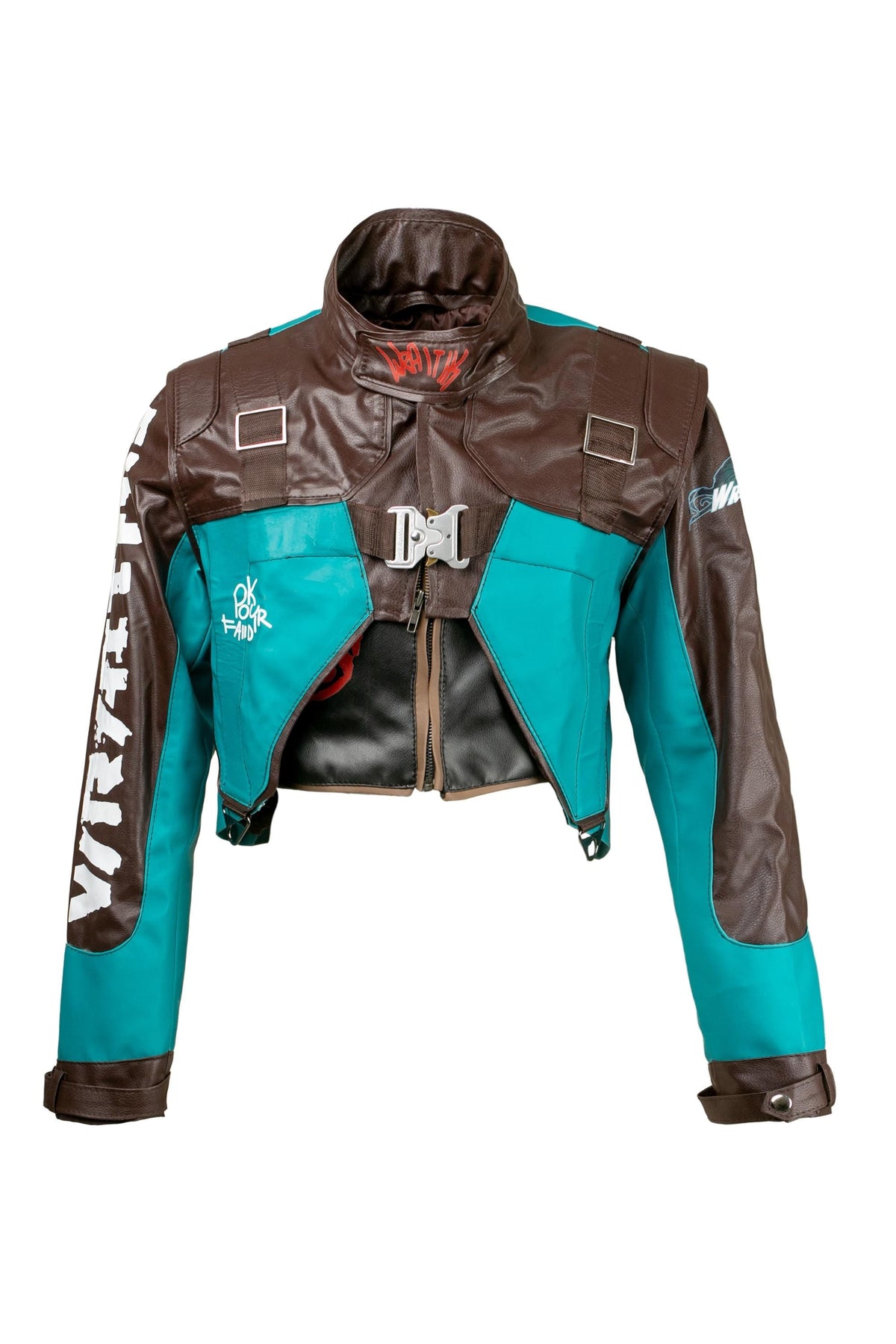 Futuristic cyberpunk bolero jacket for women featuring asymmetrical cuts and high-tech details.