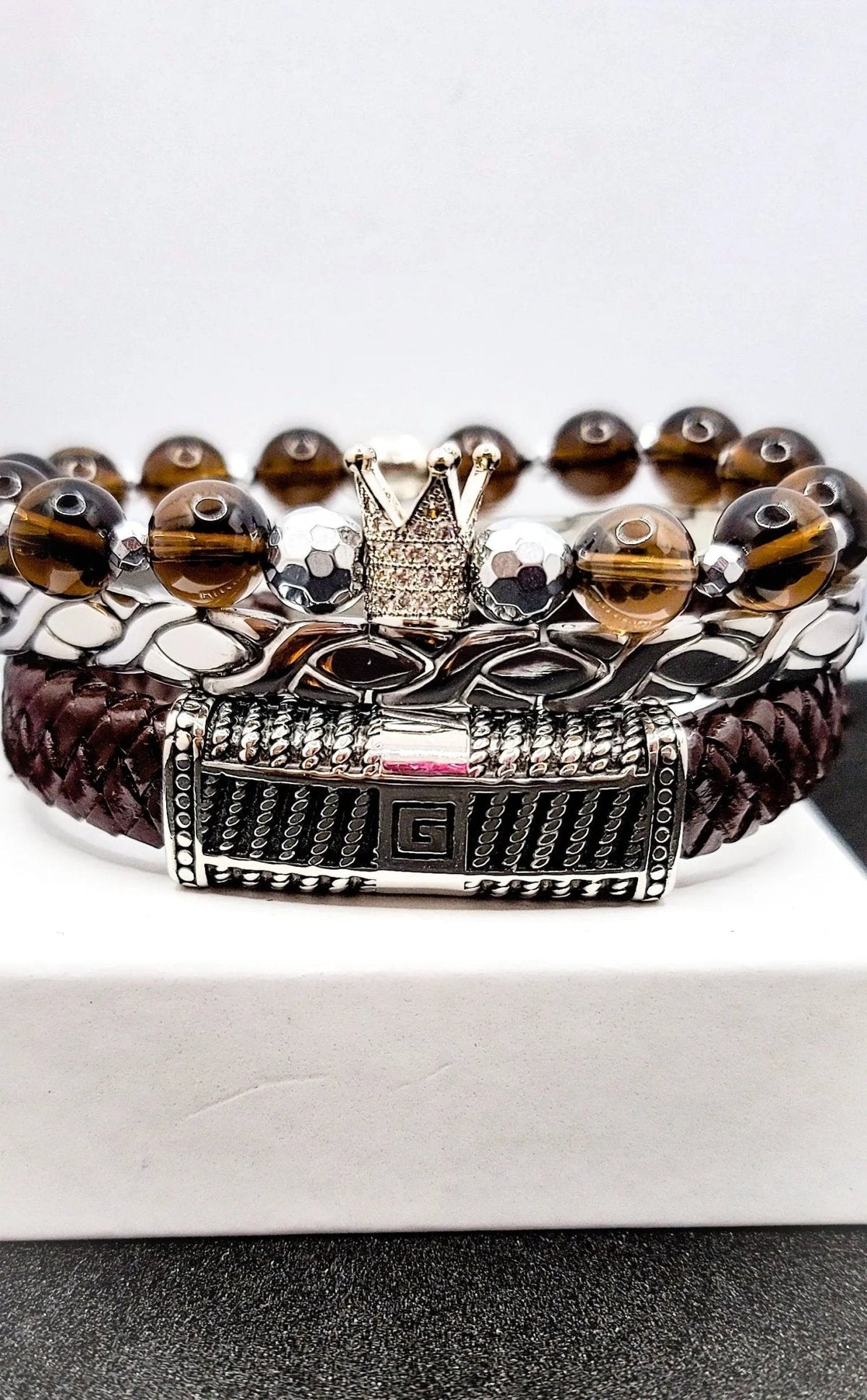 Men's Smoky "Silver" Quartz bracelet set